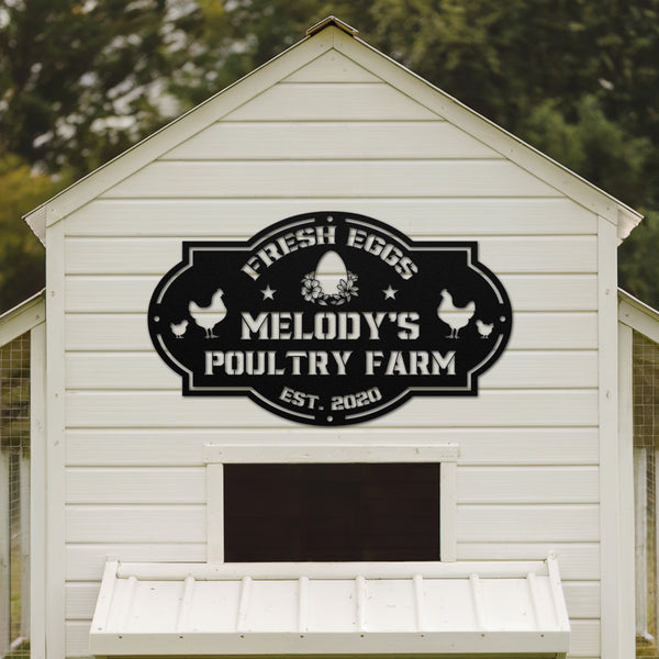 White barn with 'Melody's Poultry Farm' sign on a blurred green background