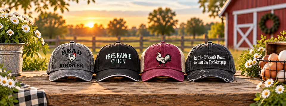 A dark gray distressed baseball cap with white embroidered text reading 'It's The Chicken's House We Just Pay The Mortgage' sits on a rustic wooden table styled with copper pitchers, a bowl of eggs, and a striped napkin.