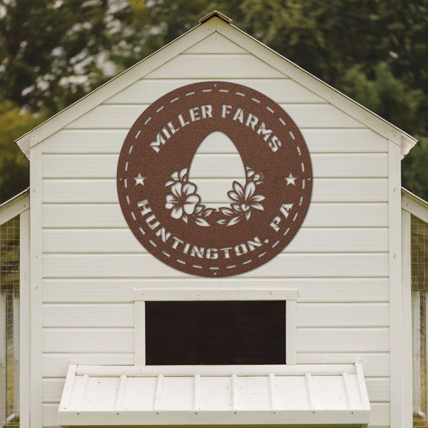 White building with a brown 'Miller Farms' logo on a blurred green background