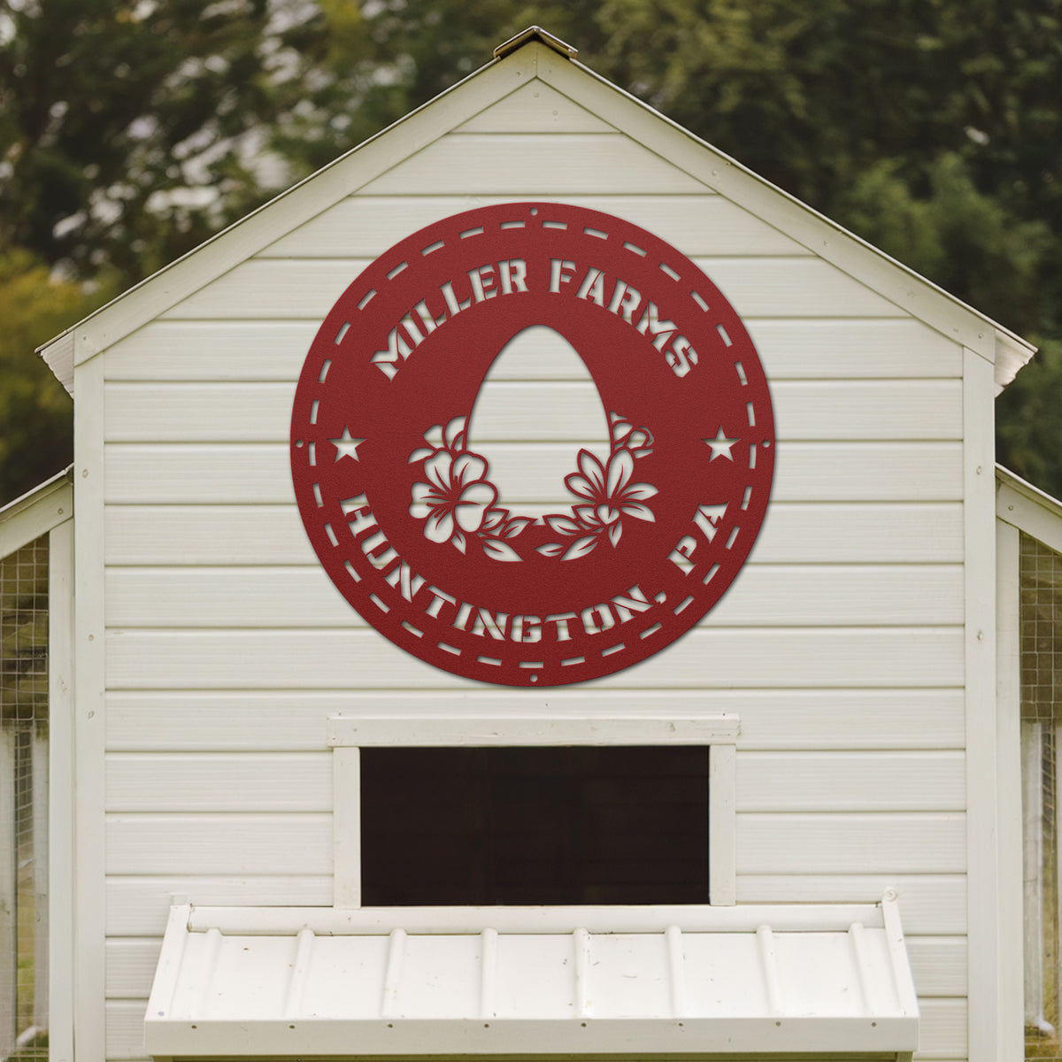White building with a red 'Miller Farms' logo on the side