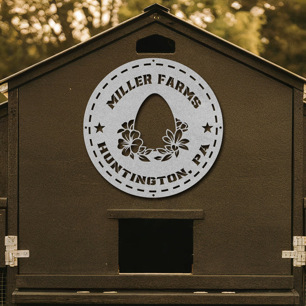 Brown wooden coop with 'Miller Farms Huntington, PA' logo on a blurred natural background