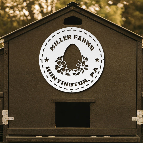 Wooden coop with 'Miller Farms Huntington, PA' logo on a blurred natural background