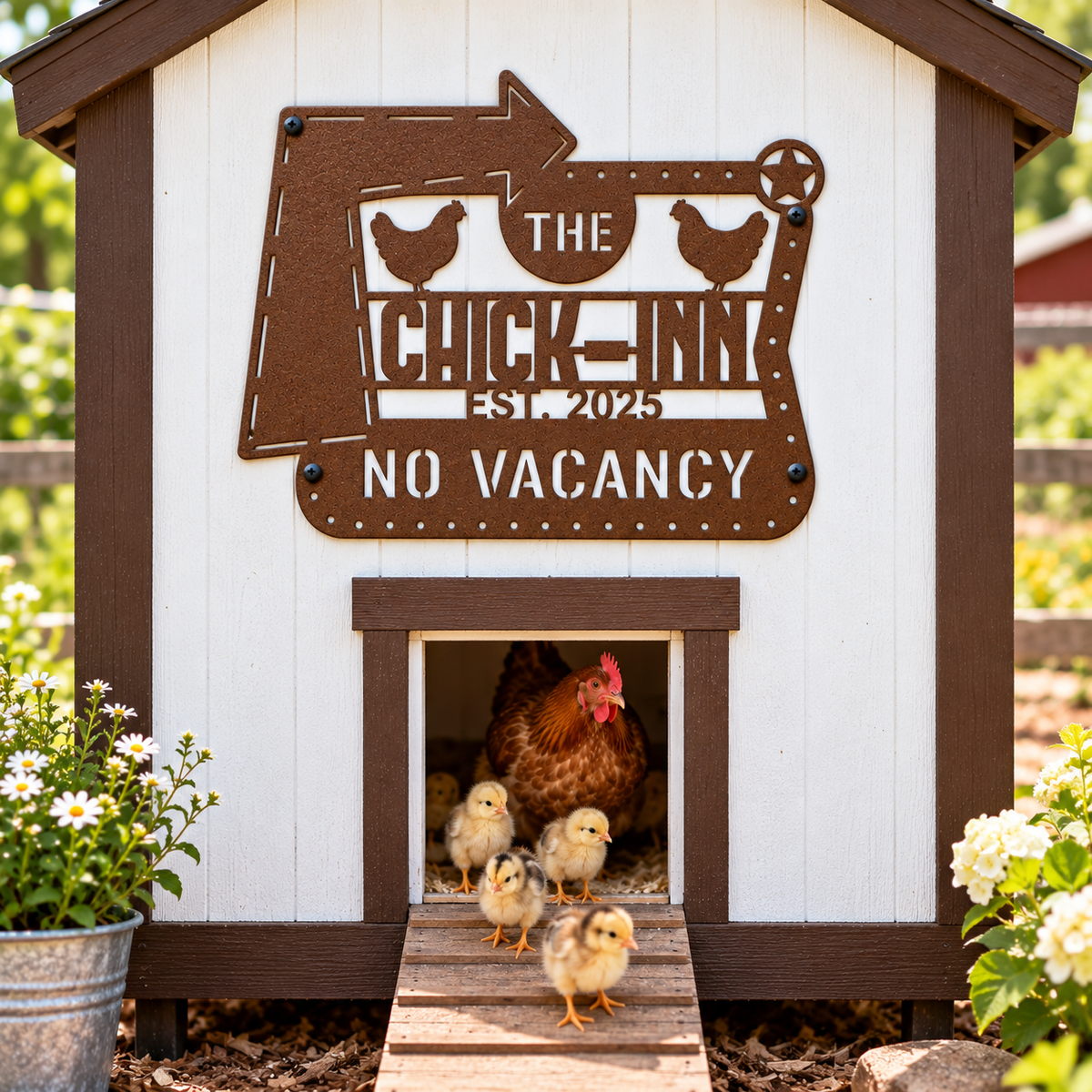 A white and brown chicken coop with a decorative metal sign reading 'THE CHICK-INN EST. 2025 NO VACANCY,' with a hen and several chicks standing in the entrance on a garden porch.
