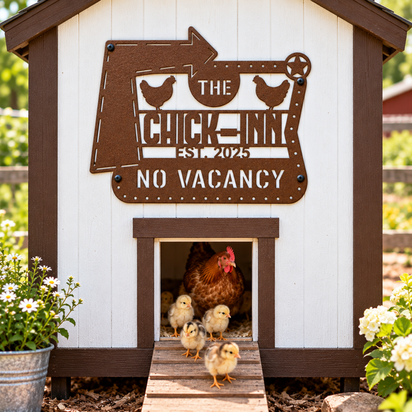 A white and brown chicken coop with a decorative metal sign reading 'THE CHICK-INN EST. 2025 NO VACANCY,' with a hen and several chicks standing in the entrance on a garden porch.