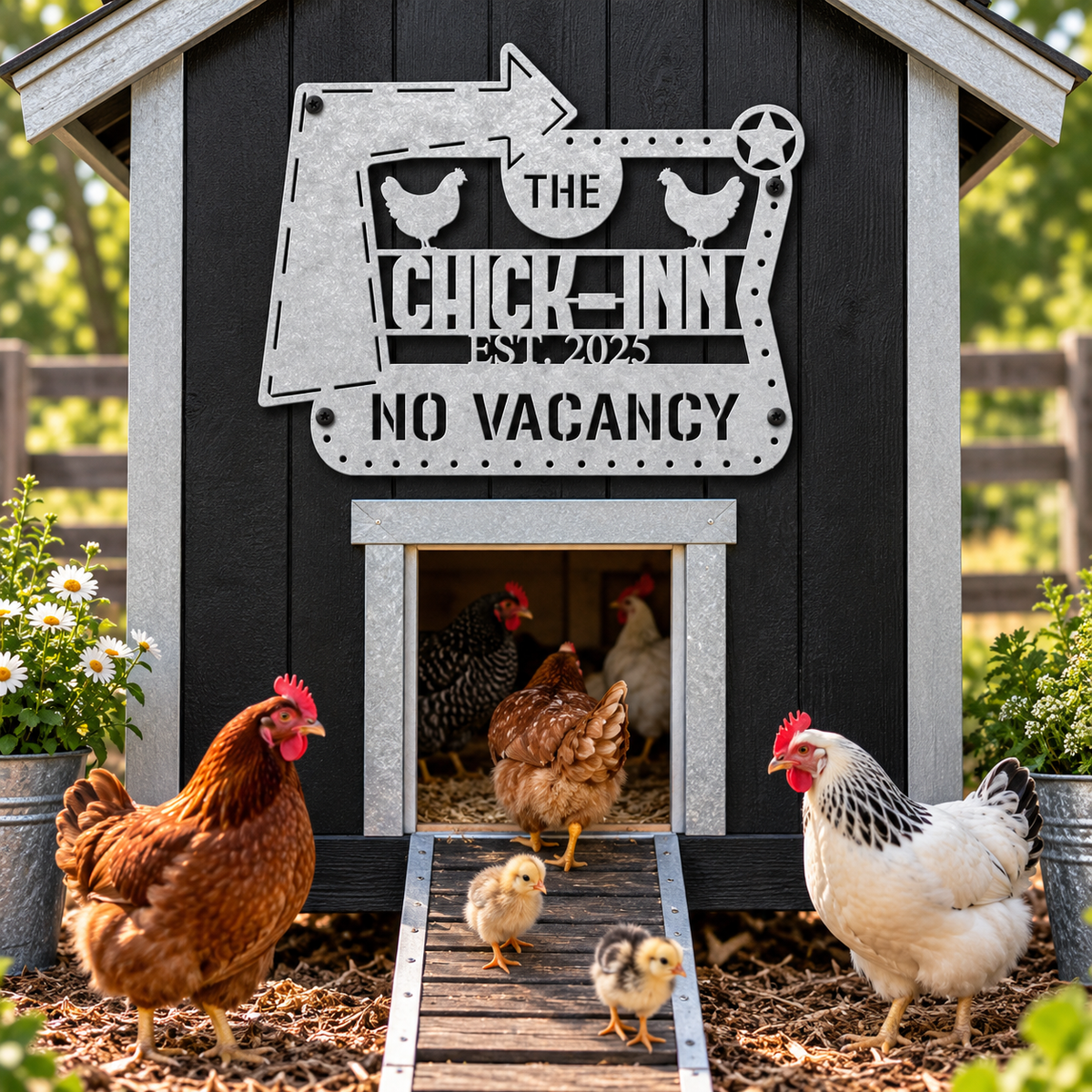 A decorative metal sign reading 'THE CHICK-INN EST. 2025 NO VACANCY' mounted on a small black chicken coop with galvanized trim.