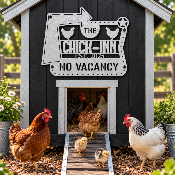 A decorative metal sign reading 'THE CHICK-INN EST. 2025 NO VACANCY' mounted on a small black chicken coop with galvanized trim.