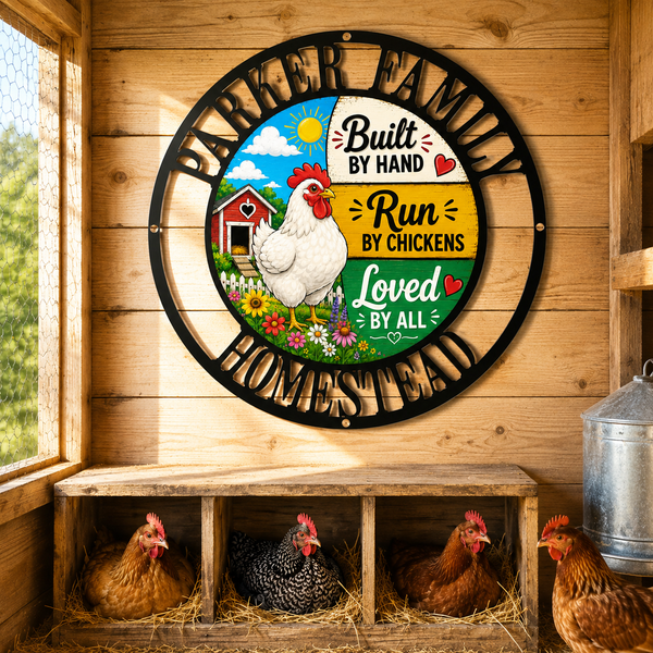 A circular black metal wall sign with a colorful printed design hangs on a wooden chicken coop wall. The sign features a white rooster, a red barn, flowers, and text reading 'PARKER FAMILY HOME' and 'Built by Hand, Run by Chickens, Loved by All.