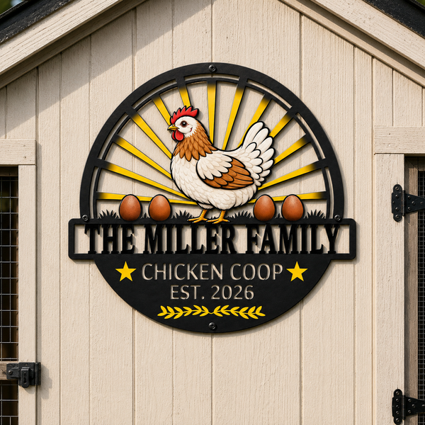 A circular metal chicken coop sign mounted on a beige wood-paneled building. The sign features a stylized white and brown hen with a red comb, yellow sunburst rays, three brown eggs, and the text 'THE MILLER FAMILY CHICKEN COOP EST.