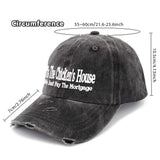 A distressed black baseball cap with white text reading 'Dad's The Chicken's House' and 'We Just Pay The Mortgage,' shown with measurement callouts for circumference and height on a white background.