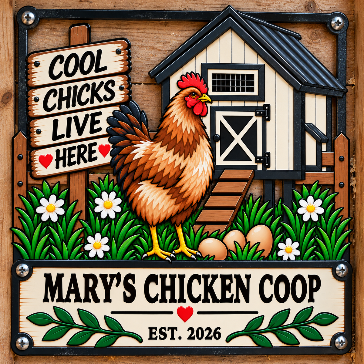 A decorative personalized chicken coop sign featuring a cartoon-style brown rooster, a small cream-and-black coop, green foliage, white daisies, eggs, and a wooden plank sign reading 'COOL CHICKS LIVE HERE'. The bottom panel reads 'MARY'S CHICKEN COOP' and 'EST.