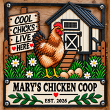 A decorative personalized chicken coop sign featuring a cartoon-style brown rooster, a small cream-and-black coop, green foliage, white daisies, eggs, and a wooden plank sign reading 'COOL CHICKS LIVE HERE'. The bottom panel reads 'MARY'S CHICKEN COOP' and 'EST.