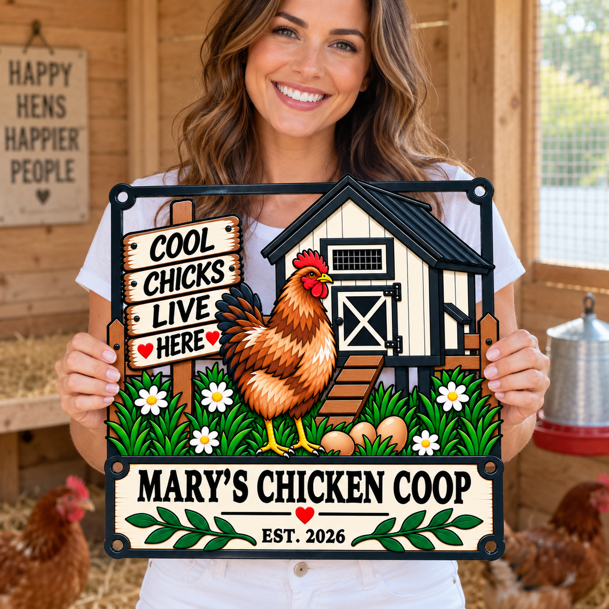A smiling woman stands in a rustic chicken coop holding a large decorative sign that reads 'Mary's Chicken Coop Est. 2026' with an illustrated chicken, barn, flowers, and the phrase 'Cool Chicks Live Here.