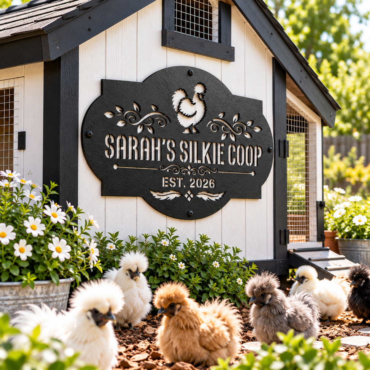 A custom black metal sign reading 'SARAH'S SILKIE COOP EST. 2026' mounted on a white and black chicken coop, with several fluffy baby chickens in front of the coop in a garden setting.