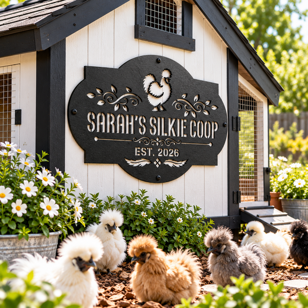 A custom black metal sign reading 'SARAH'S SILKIE COOP EST. 2026' mounted on a white and black chicken coop, with several fluffy baby chickens in front of the coop in a garden setting.