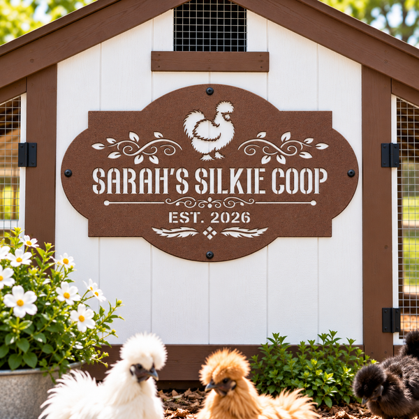 A decorative brown and white wooden sign reading “SARAH'S SILKIE COOP” and “EST. 2026” hangs on the front of a white chicken coop.