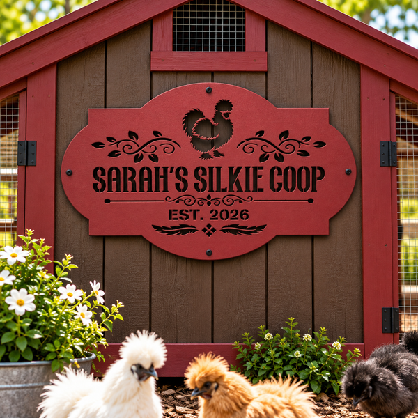 A red wooden chicken coop with a large personalized sign reading 'SARAH'S SILKIE COOP' and 'EST. 2026' in black.