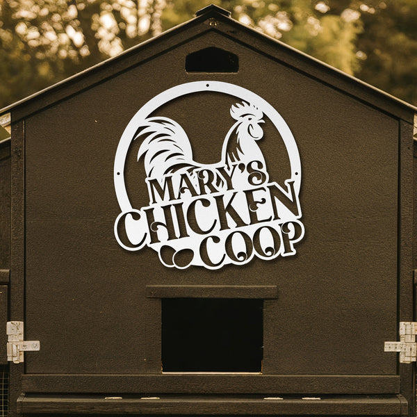 Chicken coop with a decorative rooster logo and 'Mary's Chicken Coop' text.