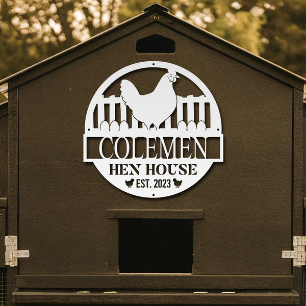 Brown hen house with a metal sign featuring a chicken and text on a blurred natural background