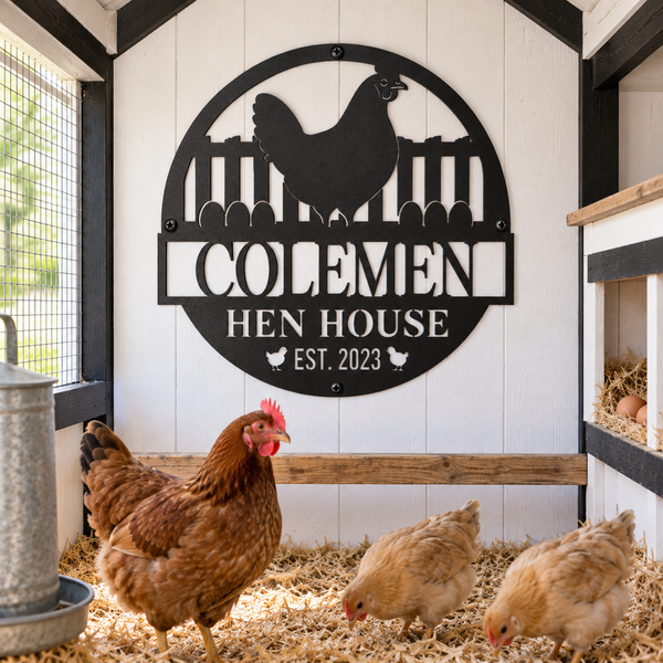 A black metal chicken coop sign reading 'COLEMEN HEN HOUSE EST. 2023' with a rooster silhouette, mounted on a white wood hen house wall.