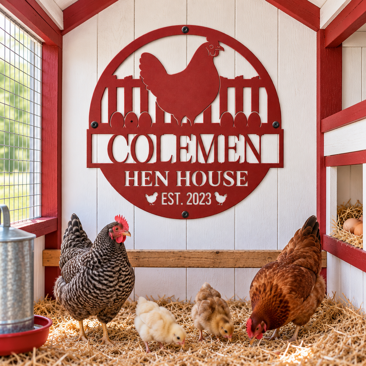 A red metal chicken coop sign reading 'CODEMEN HEN HOUSE EST. 2023' mounted on a white wood-paneled coop wall, with two hens and two chicks standing on straw bedding inside the coop.