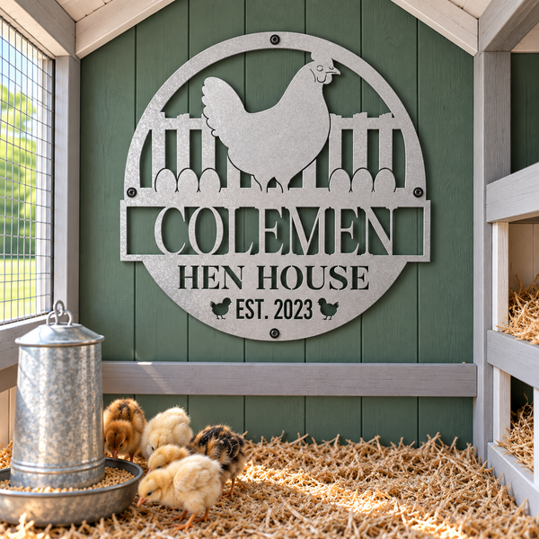 A personalized metal chicken coop sign reading 'COLEMEMEN HEN HOUSE EST. 2023' with a rooster silhouette, mounted on a green wooden coop wall.