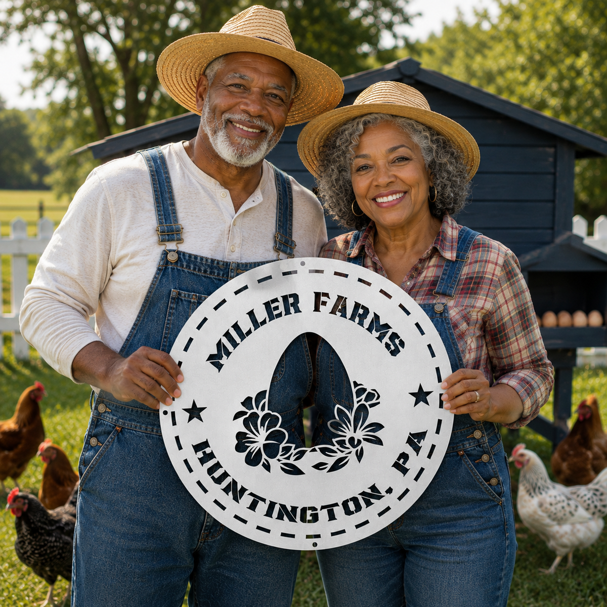 An older couple standing on a farm holding a large circular sign that reads 'Miller Farms Huntington, PA.' Chickens are visible around them, and a dark blue barn or shed is in the background.
