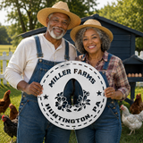 An older couple standing on a farm holding a large circular sign that reads 'Miller Farms Huntington, PA.' Chickens are visible around them, and a dark blue barn or shed is in the background.