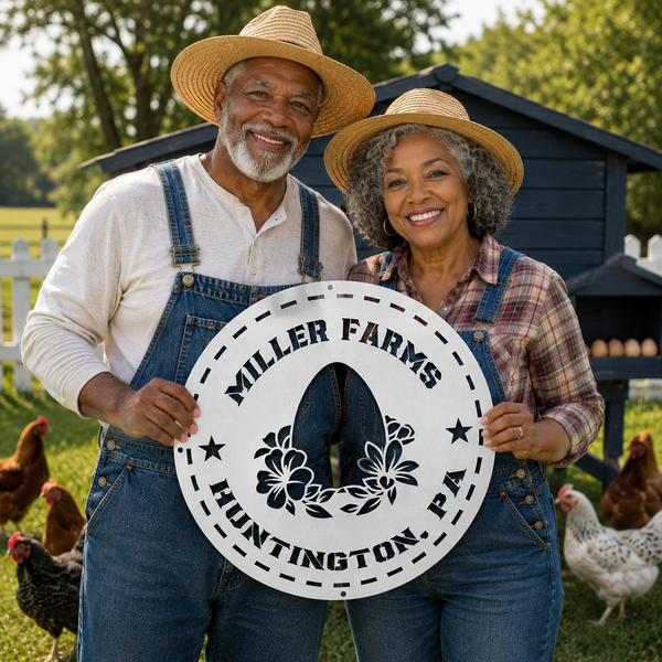 An older couple standing on a farm holding a large circular sign that reads 'Miller Farms Huntington, PA.' Chickens are visible around them, and a dark blue barn or shed is in the background.