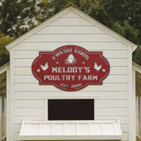 White chicken coop with a red sign reading 'Melody's Poultry Farm' on a blurred green background.