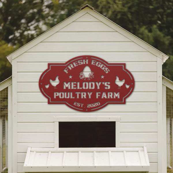 White chicken coop with a red sign reading 'Melody's Poultry Farm' on a blurred green background.