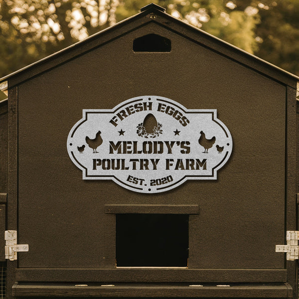 Wooden poultry coop with 'Melody's Poultry Farm' logo on a blurred natural background