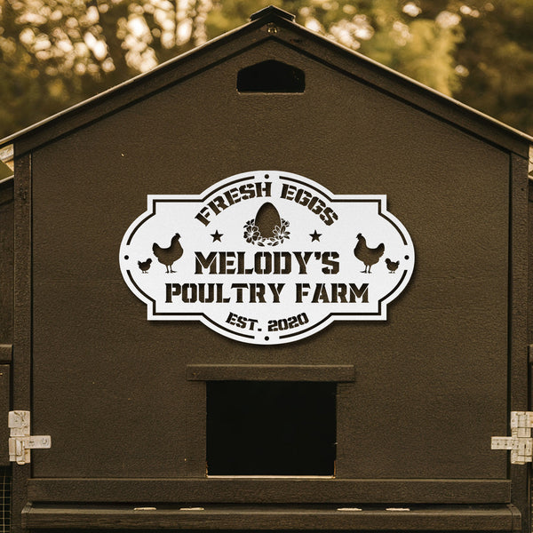 Brown chicken coop with 'Melody's Poultry Farm' logo on a blurred natural background