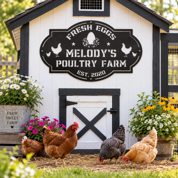 A white and black chicken coop with a decorative sign reading 'Fresh Eggs Melody's Poultry Farm Est. 2020,' surrounded by chickens, flowers, and a garden setting.