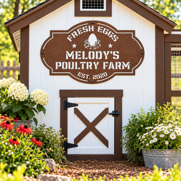 A small white and brown chicken coop or shed with a decorative sign reading 'Fresh Eggs Melody's Poultry Farm Est. 2020.