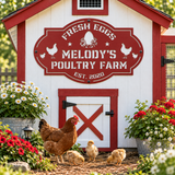 A white and red barn-style chicken coop with a large sign reading 'Fresh Eggs Melody's Poultry Farm Est. 2020,' surrounded by flowers, a brown hen, and three yellow chicks in a garden setting.