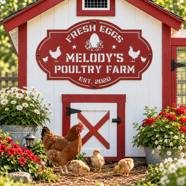 A white and red barn-style chicken coop with a large sign reading 'Fresh Eggs Melody's Poultry Farm Est. 2020,' surrounded by flowers, a brown hen, and three yellow chicks in a garden setting.