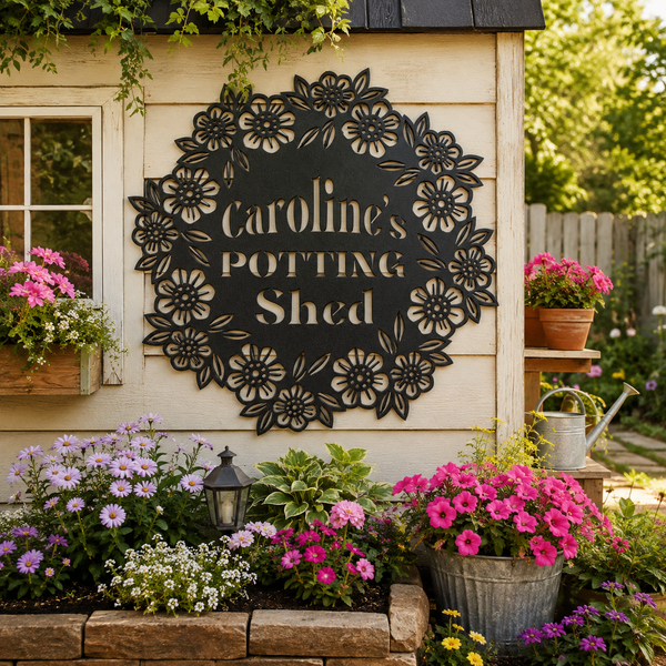 A decorative black metal sign reading 'Caroline's POTTING Shed' with a floral border, mounted on the front of a white wooden shed in a garden setting with flowers and plants.