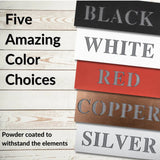 Color swatches labeled Black, White, Red, Copper, and Silver on a wooden surface.