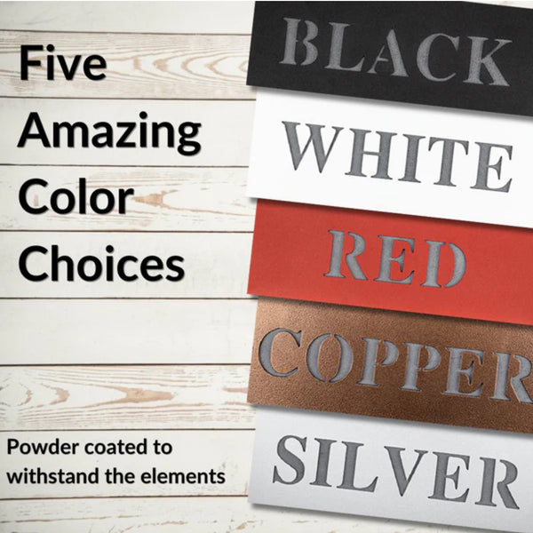 Color swatches labeled Black, White, Red, Copper, and Silver on a wooden surface.