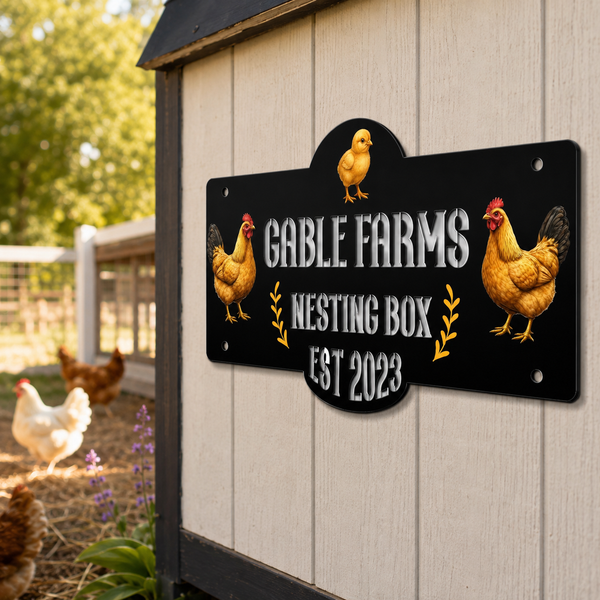 A decorative black metal sign for a chicken nesting box mounted on a white wooden coop. The sign features the text 'GABLE FARMS NESTING BOX EST 2023' in white, flanked by illustrations of two golden-brown chickens and small yellow chicks, with small gold leaf accents.