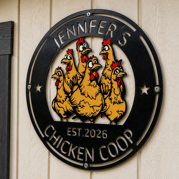 A circular black metal sign mounted on a beige wood-paneled wall, featuring cartoon chickens and the text 'JENNIFER'S CHICKEN COOP' and 'EST. 2026'.