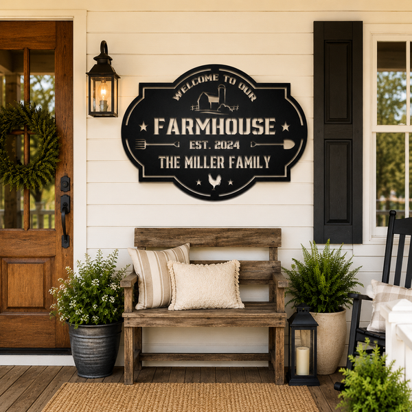 A decorative black metal sign reading “Welcome to Our Farmhouse Est. 2024 The Miller Family” hangs on a white shiplap wall above a rustic wooden bench with pillows, potted plants, and a porch lantern.