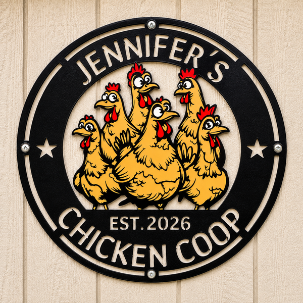 A round black metal sign mounted on a beige wood-paneled wall, featuring cartoon chickens and the text 'JENNIFER'S CHICKEN COOP' and 'EST. 2026'.