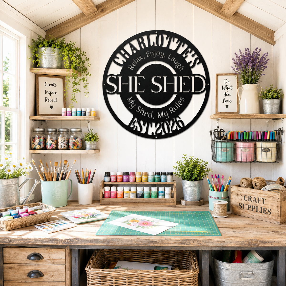 A styled craft room interior with a wooden workbench, shelves of supplies, plants, and a large circular wall sign reading 'She Shed' with decorative text. The scene is clearly a real environment rather than a clean isolated product shot, so subject_type is Lifestyle.