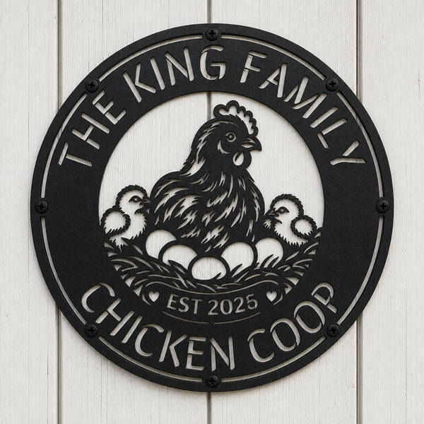 A round black metal sign mounted on a white wood plank wall, featuring a cutout design of a hen with three chicks and eggs, with the text 'THE KING FAMILY CHICKEN COOP' and 'EST 2025'.