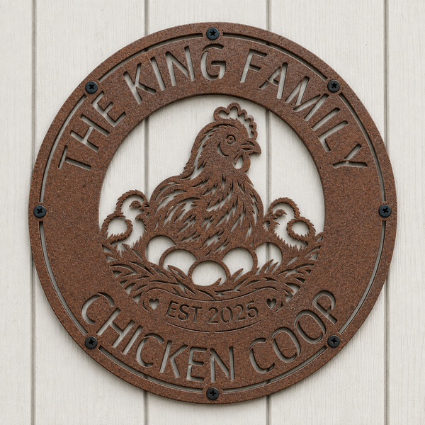 A round metal chicken coop plaque with a textured brown finish, featuring a laser-cut design of a hen with eggs and the text 'THE KING FAMILY CHICKEN COOP EST 2025', mounted on a white wood paneled wall.