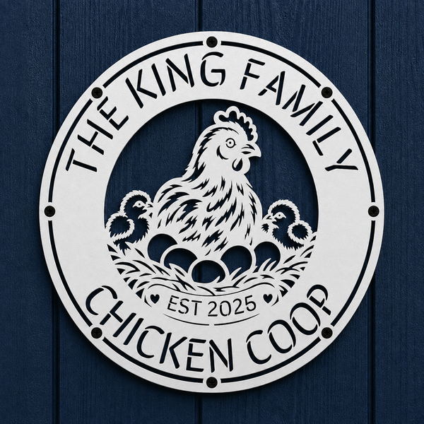 A round white metal sign featuring a cutout illustration of a hen, two chicks, and eggs, with the text 'THE KING FAMILY CHICKEN COOP' and 'EST 2025', mounted on a dark blue wood plank background.