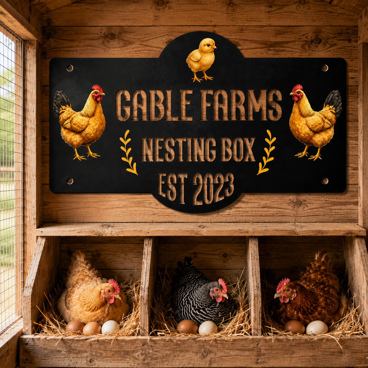 A rustic wooden chicken coop interior with three nesting boxes containing chickens and eggs. Above the boxes is a large black decorative sign reading “GABLE FARMS NESTING BOX EST 2023” with illustrated chickens and yellow accents.