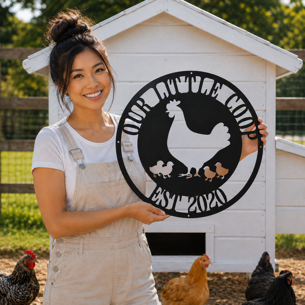 A woman in a white t-shirt and beige overalls stands in front of a white chicken coop, holding up a circular black metal sign that reads 'OUR ANIMALS FOOD EST 2020' with a silhouette of a chicken and chicks.