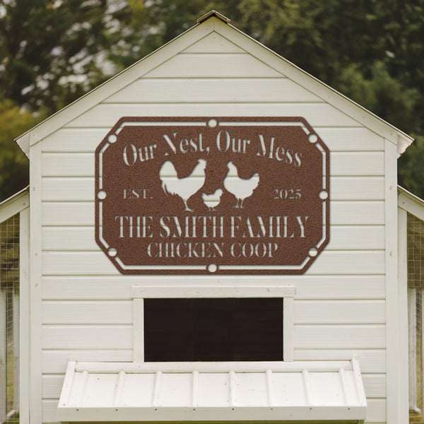 White chicken coop with a brown sign featuring text and illustrations of chickens.